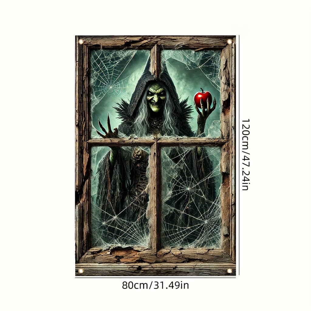 Tomhong Halloween Window Cover 31x47 Inch Witch Holding Apple Cobweb Horror WindowBanner Holiday Decoration Haunted House Indoor Outdoor Spooky Wall Decor