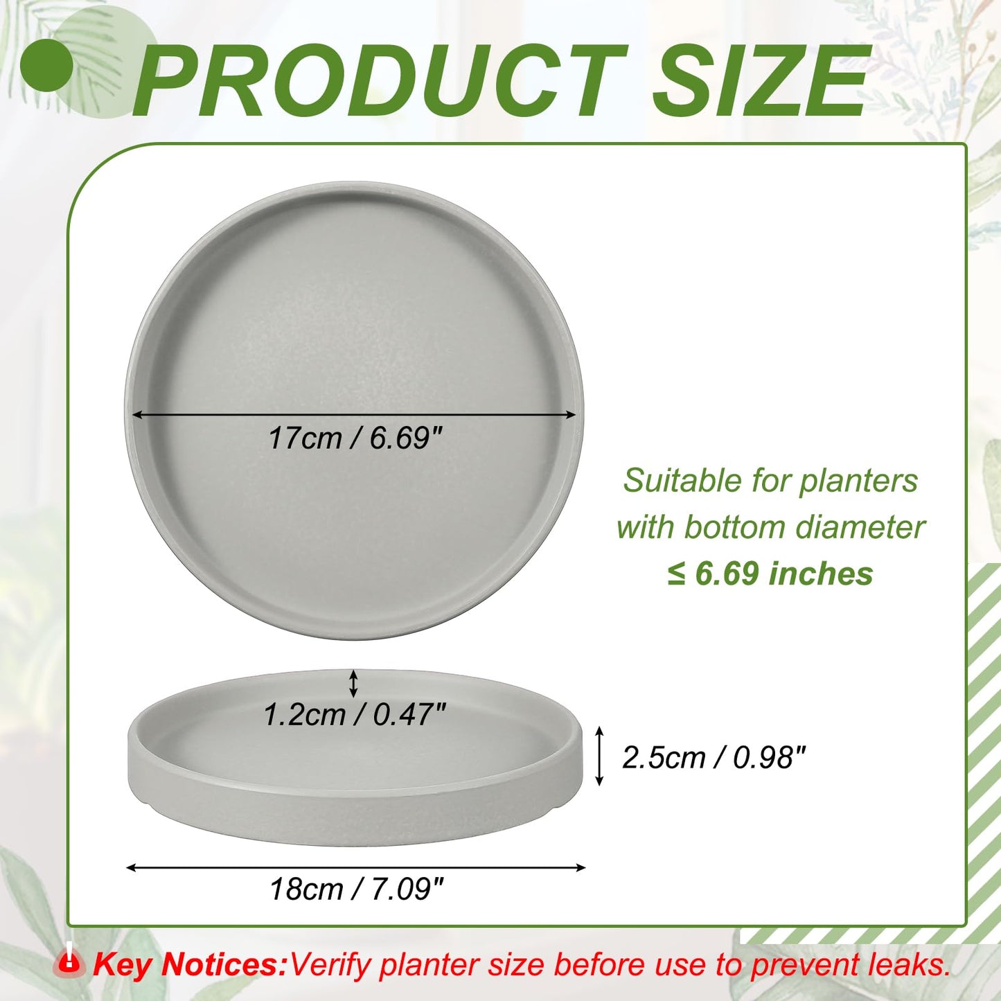 YELARXI 6.7 Inch Ceramic Plant Saucers, Round Flower Planter Water Trays Ceramic Plant Saucer Pot Tray -Fitting for (Outdoor/Indoors/Garden/Planting/Water/Flower/Coffee) Light Gray