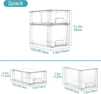 Vtopmart 8 Pack Clear Stackable Cabinet Organizers with Pull-Out Drawers, Clear Storage Drawers, 6 Medium and 2 Small for Under Sink, Pantry, Bathroom, Closet and Kitchen Storage