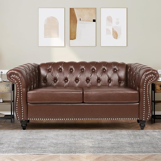 Mid-Century 2 Seater Sofa, Faux Leather Loveseat