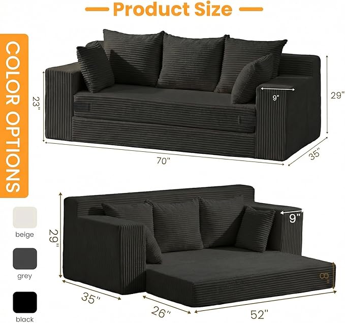 Convertible Sofa Bed, Pull Out 3 Seater Sleeper Sofa