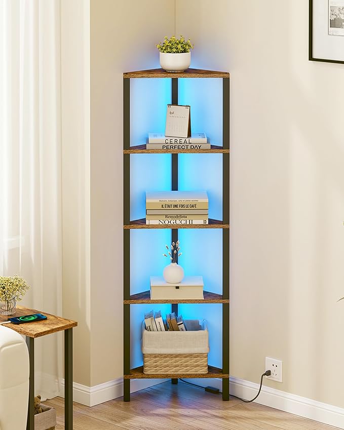 TUTOTAK Corner Shelf with LED Light, 5-Tier Corner Bookshelf