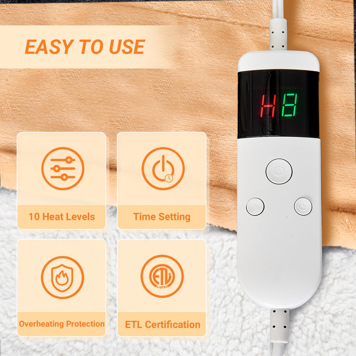 Electric Blanket Heated Throw, Soft Flannel Heating Blanket with 8 Hours Auto Off 10 Fast Heating Levels Machine Washable Sherpa Heated Blanket with Overheating Protection