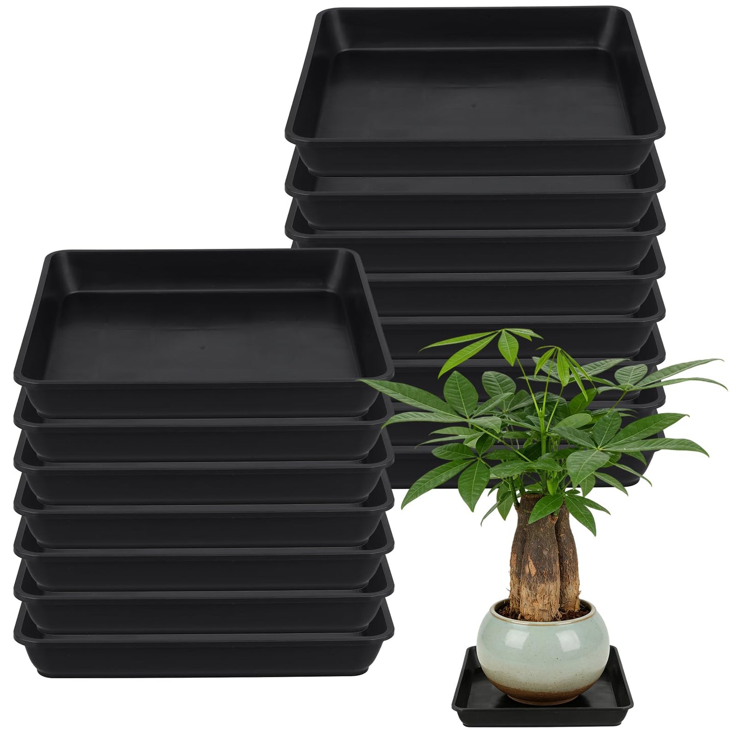 GINLANK 15 Pcs 10 Inch Square Plant Saucer, Square Pot Water Catcher Tray with no Drain Holes, Plastic Drip Trays for Indoors, Outdoors, Patio, Black