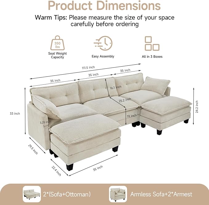 Amsleekey Modular Sectional Sofa, 111.5" U-Shaped Corduroy Comfy Sectional