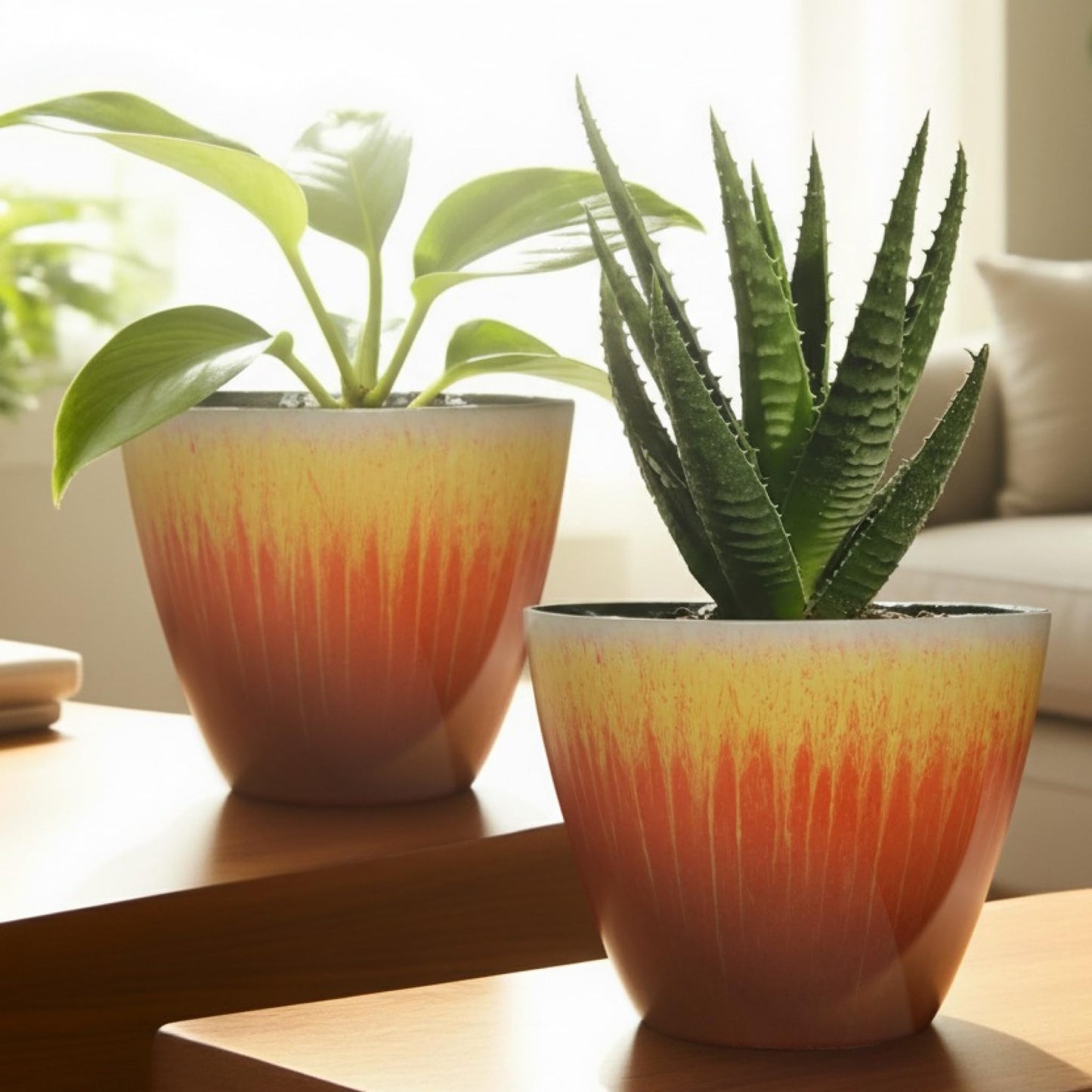 LESOASIS Plant Pots Pack of 4, 8 inch Plastic Flower Pots, Modern Glossy Finishing Planter for Indoor Outdoor Plants (Orange Glaze, 4 Pack)