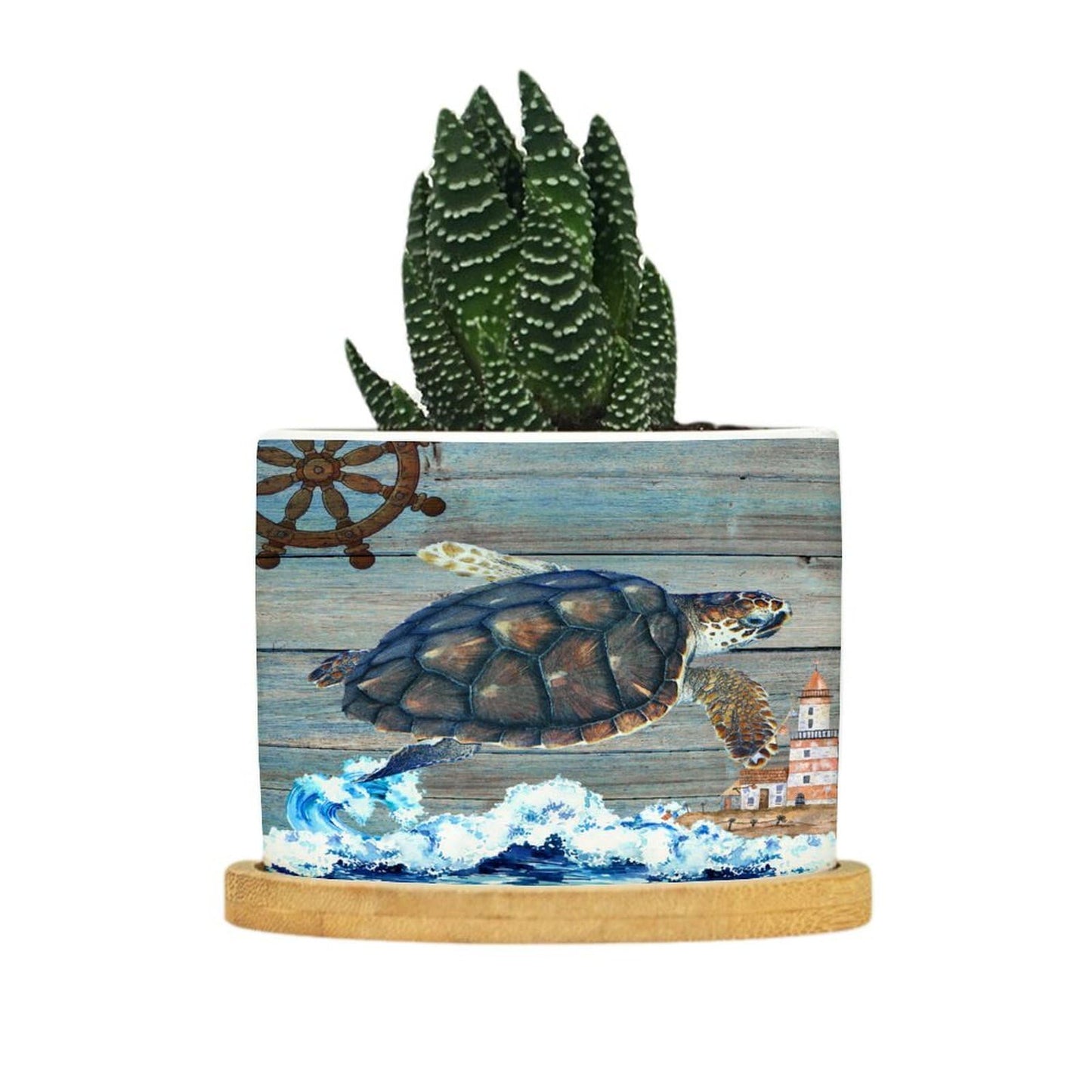 DreamAutumn Ocean Theme Sea Turtle Ceramic Pots for Plants with Drainage Holes Round Flower Pot Bamboo Tray Orchid Pot Succulents Pots for Outdoor Indoor Plants,Housewarming Gifts