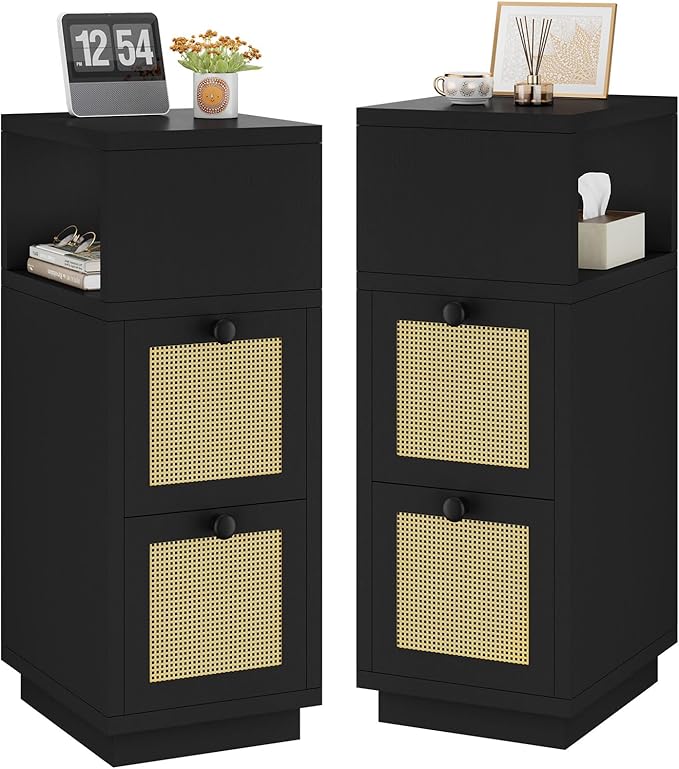 YMYNY Rattan Nightstands Set of 2, Boho Bedside Table