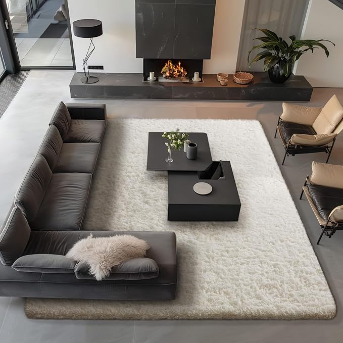 Ophanie Area Rugs 9x12 Living Room, Large Ivory Bedroom Carpet, Big Shag Indoor