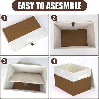 Bagnizer Large 22 Quart Linen Fabric Foldable Storage Bin Cube Organizer Basket with Flip-Top Lid & Handles, Clothes Blanket Box for Home, Office, Closet, Brown & White, 4 Pack 14.6 x 9.5 x 9.5