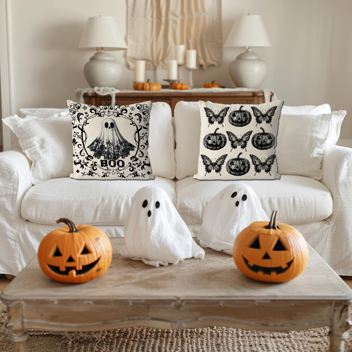 GAGEC Halloween Pillow Covers 18x18 Inch Set of 4 Ghost Witches Gothic Throw Pillow Covers Pumpkin Butterfly Spooky Farmhouse Pillowcase Couch Cushion Case for Home Sofa Living Room Decor