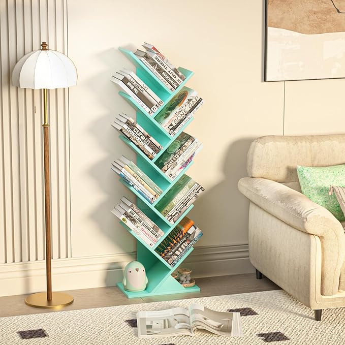 SHEEPAM 10 Tier Tree Book Shelf, Floor Standing Wood Bookshelf