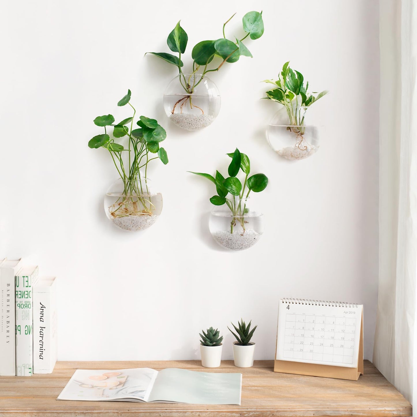 Mkono Wall Hanging Planter Propagation Station Glass Flower Vase for Hydroponics Plants, Bathroom, Home Office Living Room Decor Gift, Oblate Set of 4(Plants not Included)