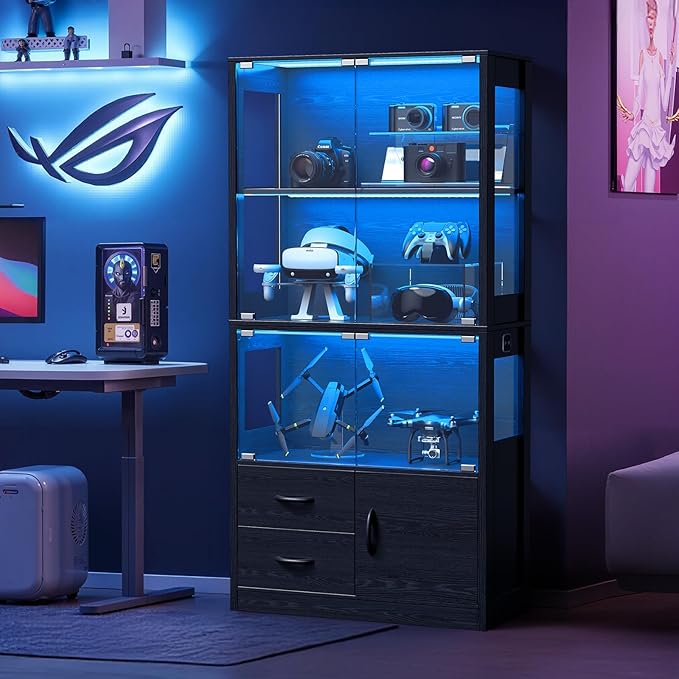 Display Cabinet with Glass Doors, 4-Tier Display Case with 3-Color Lights &