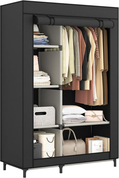 Calmootey Portable Closet Organizers, Clothing Storage, Wardrobe with 6 Shelves and Hanging Rod, Non-Woven Fabric Cover with 4 Side Pockets, Black