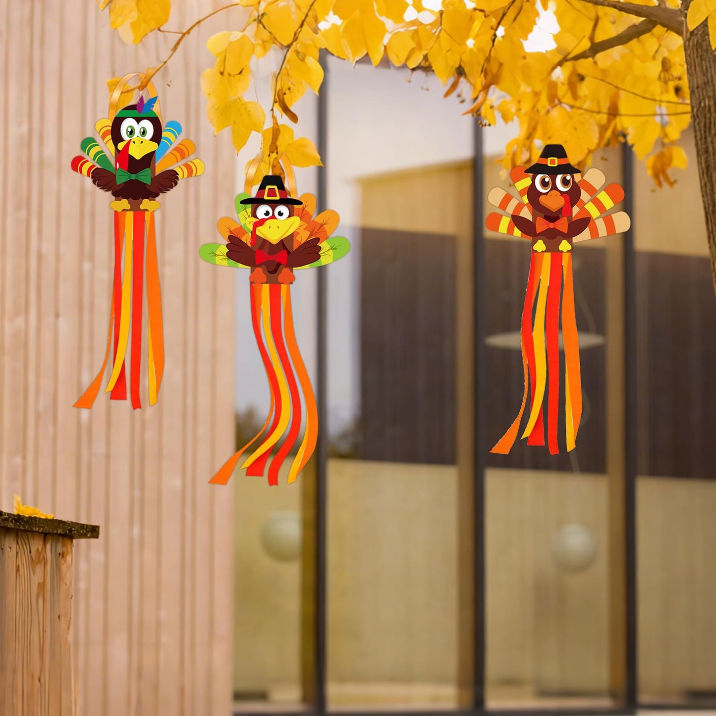 Cinrobiye 24 Set Turkey Windchime Craft Thanksgiving Windsock Kits DIY Wind Chime Flags Fall Hanging Ornament Wind Socks Farmhouse Yard Garden Patio Lawn Decor for Home School Activities Supplies