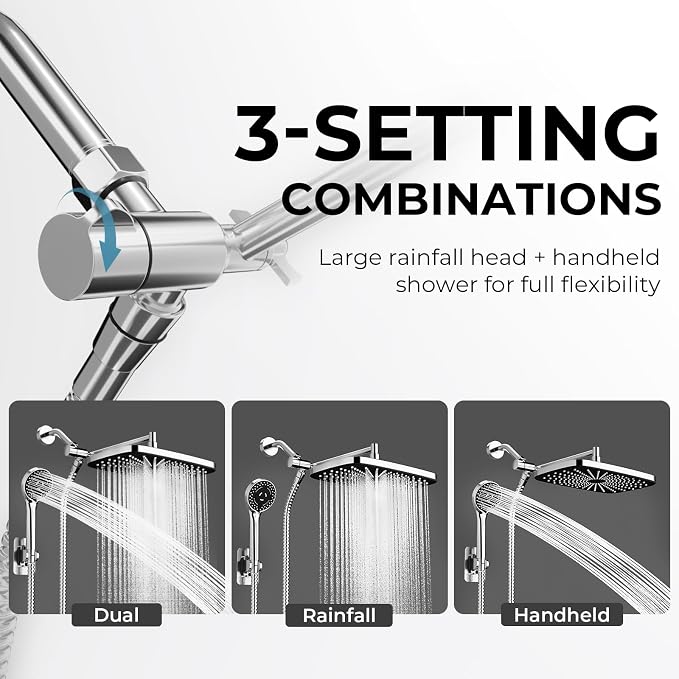 Wide Rain Shower Head With 5 Modes Handheld Showerheads, High Pressure Showerhead Combo with Extension Arm for Bathroom Accessories, Adjustable Shower Head with Anti-Clog Nozzles (Chrome)