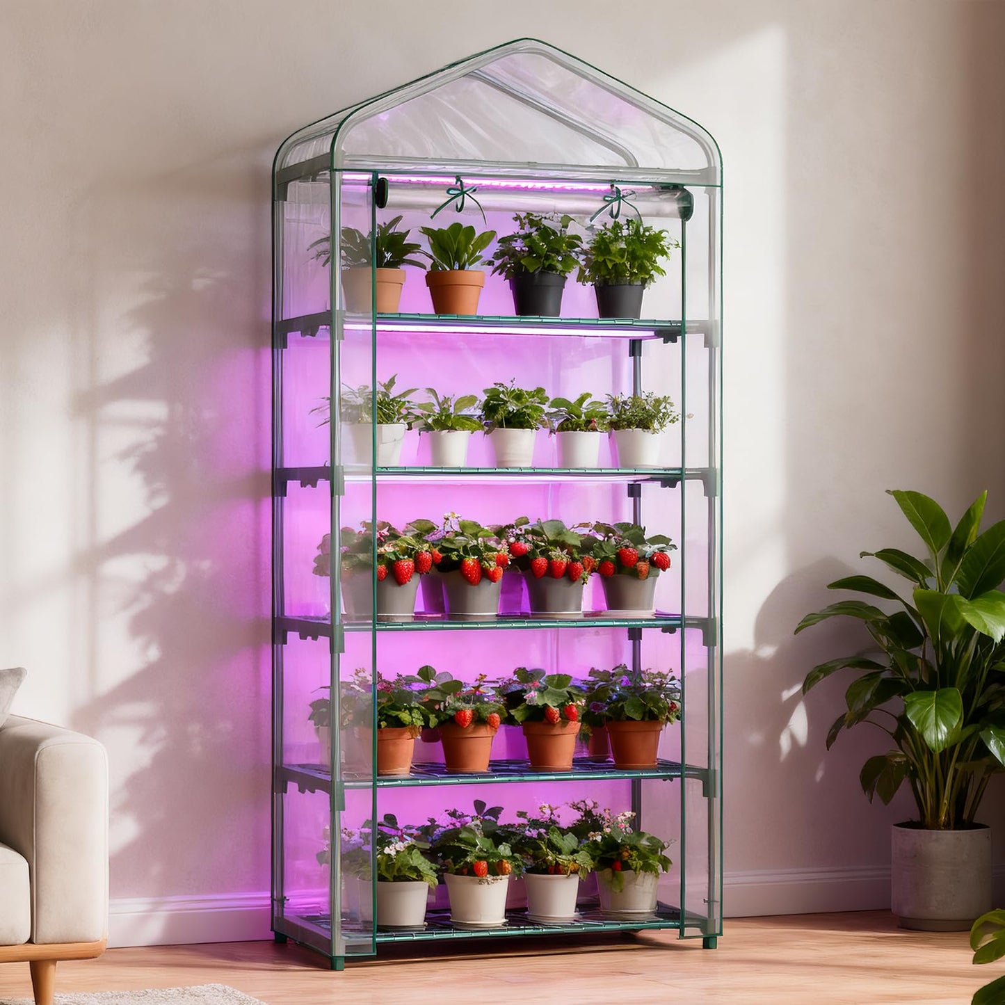 SUNYRISY Indoor Greenhouse with Grow Lights, 5 Tier Mini Small Greenhouse Kit with Zippered PVC Tent Cover for Indoor Garden Seed Starting Tray, 36W Full Spectrum with Timer