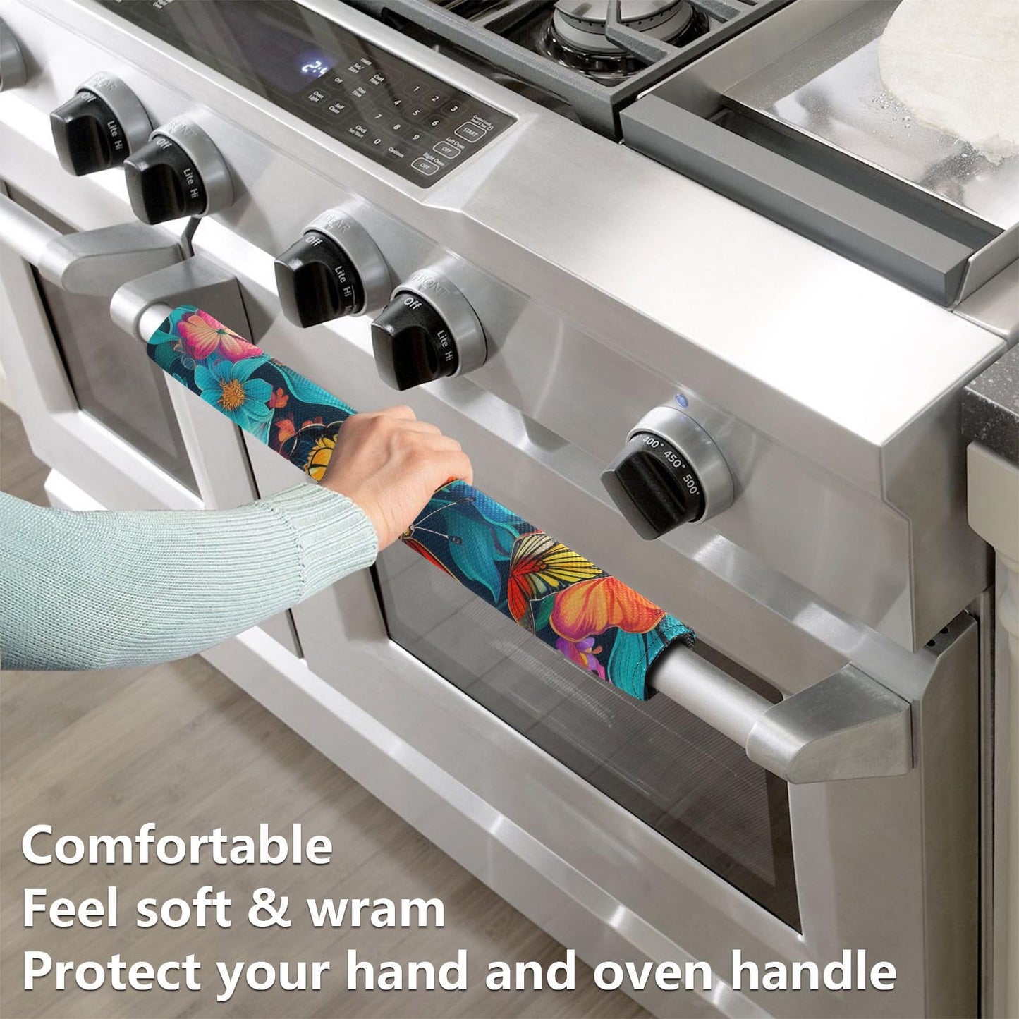 QwThum Butterfly Blue Flowers Refrigerator Handle Covers Set of 2 Door Handle Covers for Fridge Oven Microwave Appliance Washable Decor Non-Slip Dishwasher Door Cloth Protector 14x5.5in