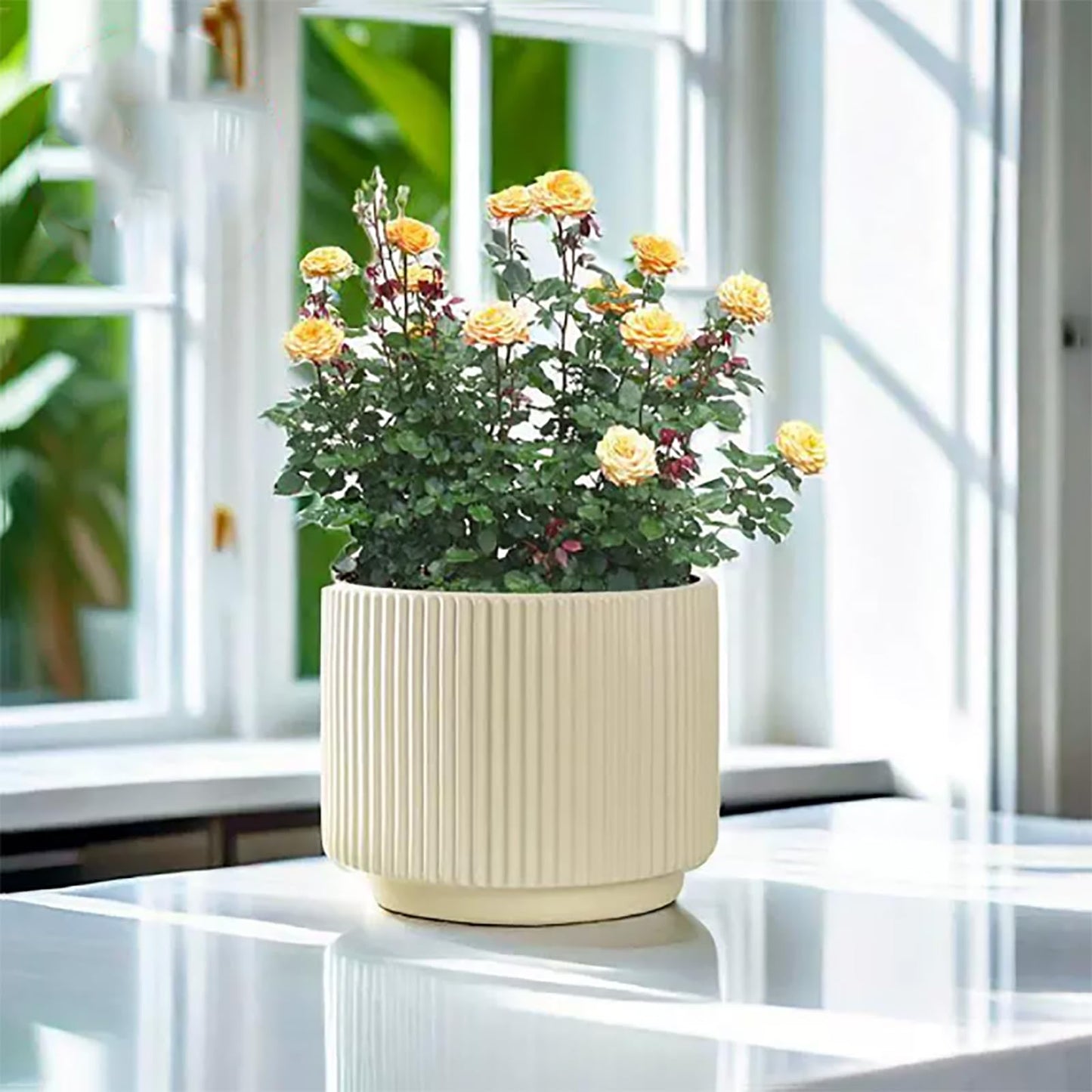 Puoyikt Ceramic 4.9+6.3 inch Planters, Modern Home and Office Flowerpot, Indoor and Outdoor Flowerpot with Drainage Hole (Light Yellow)