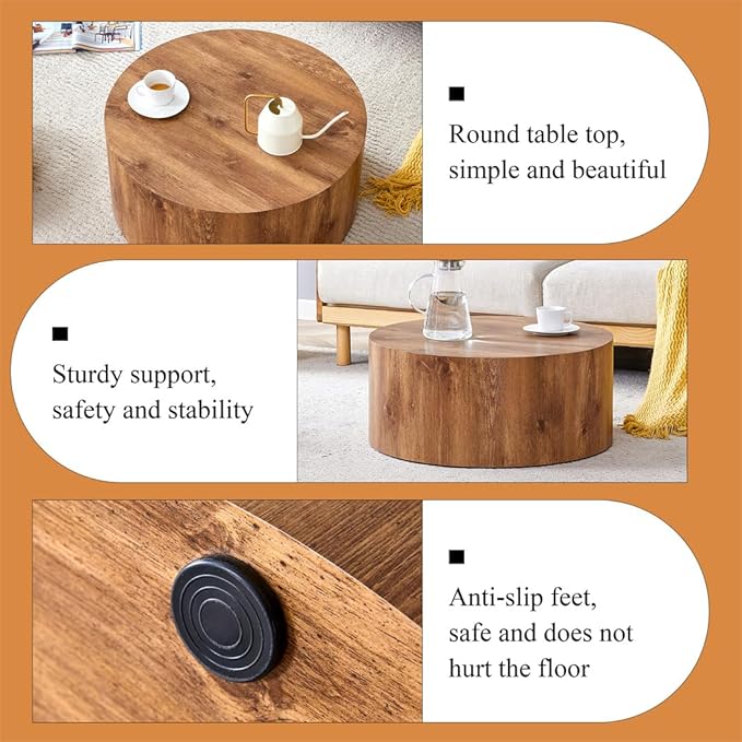 Round Coffee Table, 23.6" Modern Wood Drum Coffee Table, Round Accent Center