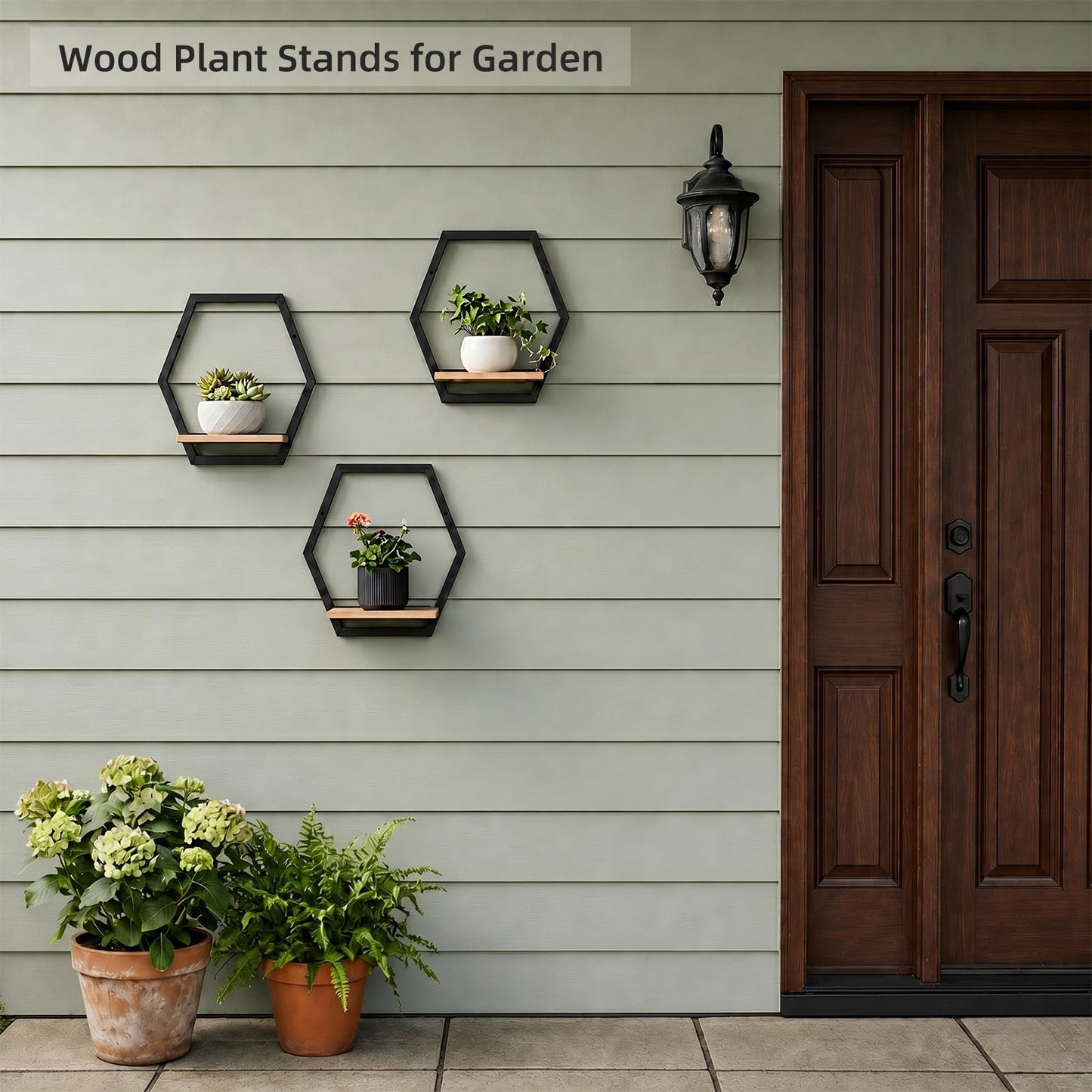 Rioneta 3 Pack Solid Wood & Heavy Duty Metal Wall Plant Stands,9 inch Natural Wood Shelf, Boho Arch Hanging Planter for Indoor 25 LB Load for Plants Black