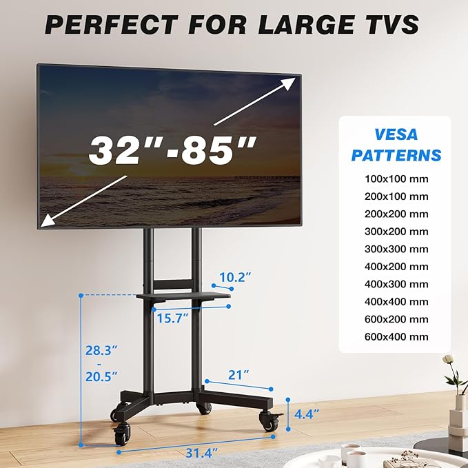 Rolling TV Stand with Shelf for 32-85 inch TVs up to 150lbs, Portable Mobile TV