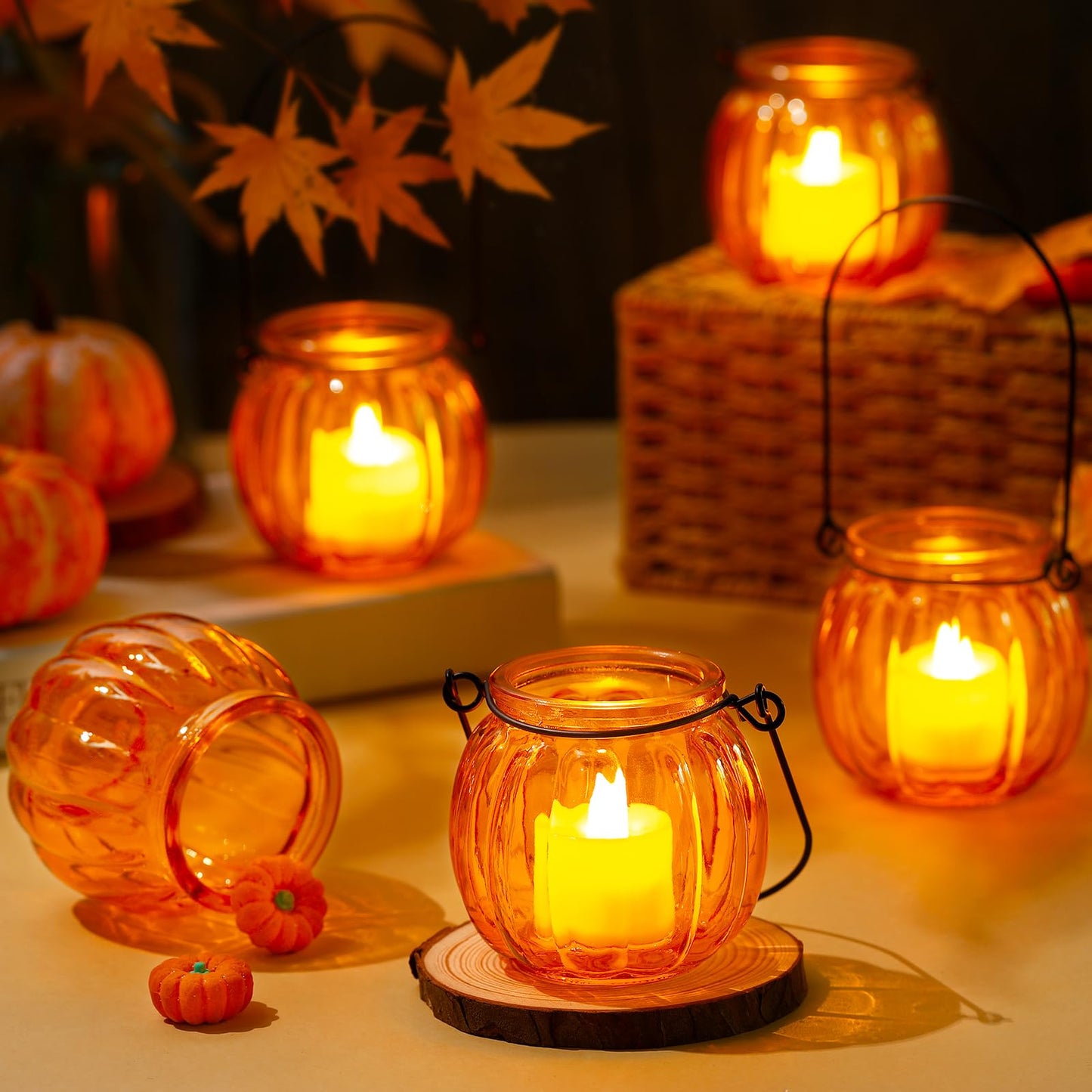 Mumufy 12 Sets Pumpkin Votive Candle Holders Thanksgiving Tea Light Holder Glass Fall Candle Holders with Handle for Thanksgiving Table Centerpiece Decorations Halloween Party Decor(Orange)