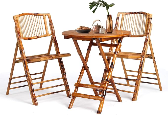 VINGLI Bamboo Folding Chair Table 3 Piece Bistro Set, Foldable Dining Wood