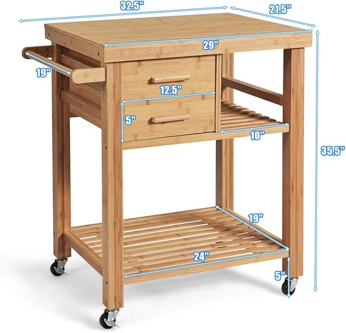 Giantex Kitchen Island, Bamboo Island Cart, Kitchen Trolley Cart on Wheels