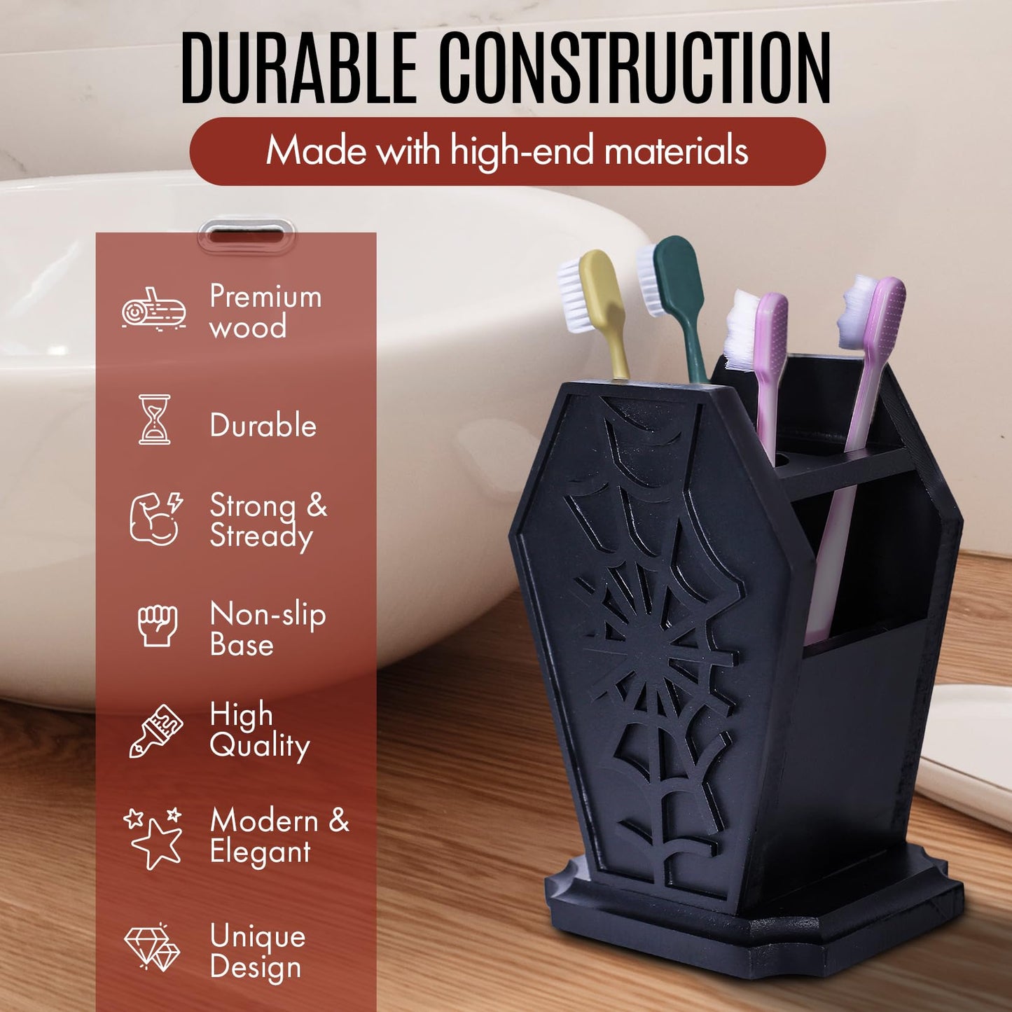 Gothic Decor Coffin Toothbrush Holder - Halloween Goth Bathroom Decor Brush Holder for Oddities and Curiosities - Spooky Pen Organizer for Kids and Adults - Witchy Gifts for Women