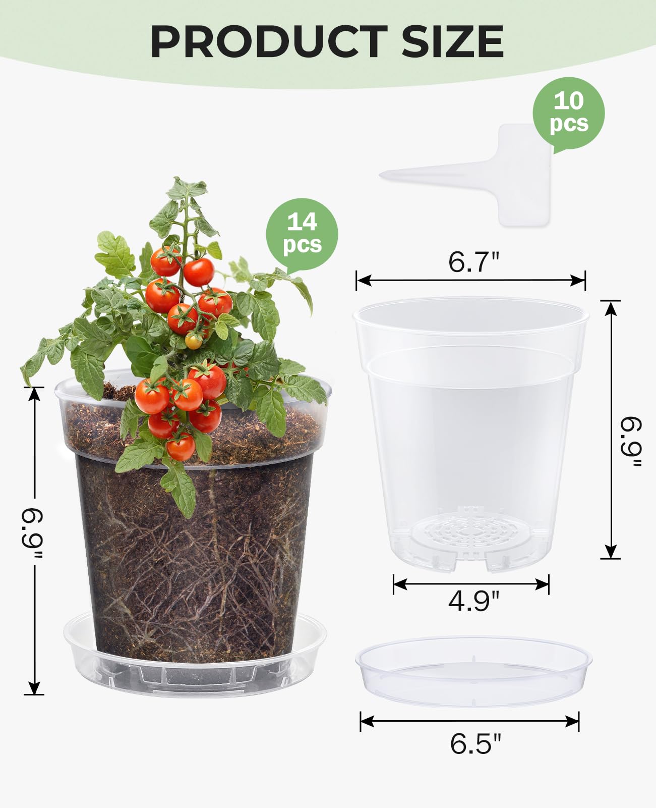 homenote 6.7 Inch Clear Nursery Pots 14 Pack with Drainage and Plant Saucers, Rigid High Transparency Plastic Nursery Pots for Plants,Thick Walled Planter Nursery Pots with Upgraded Drainage Holes