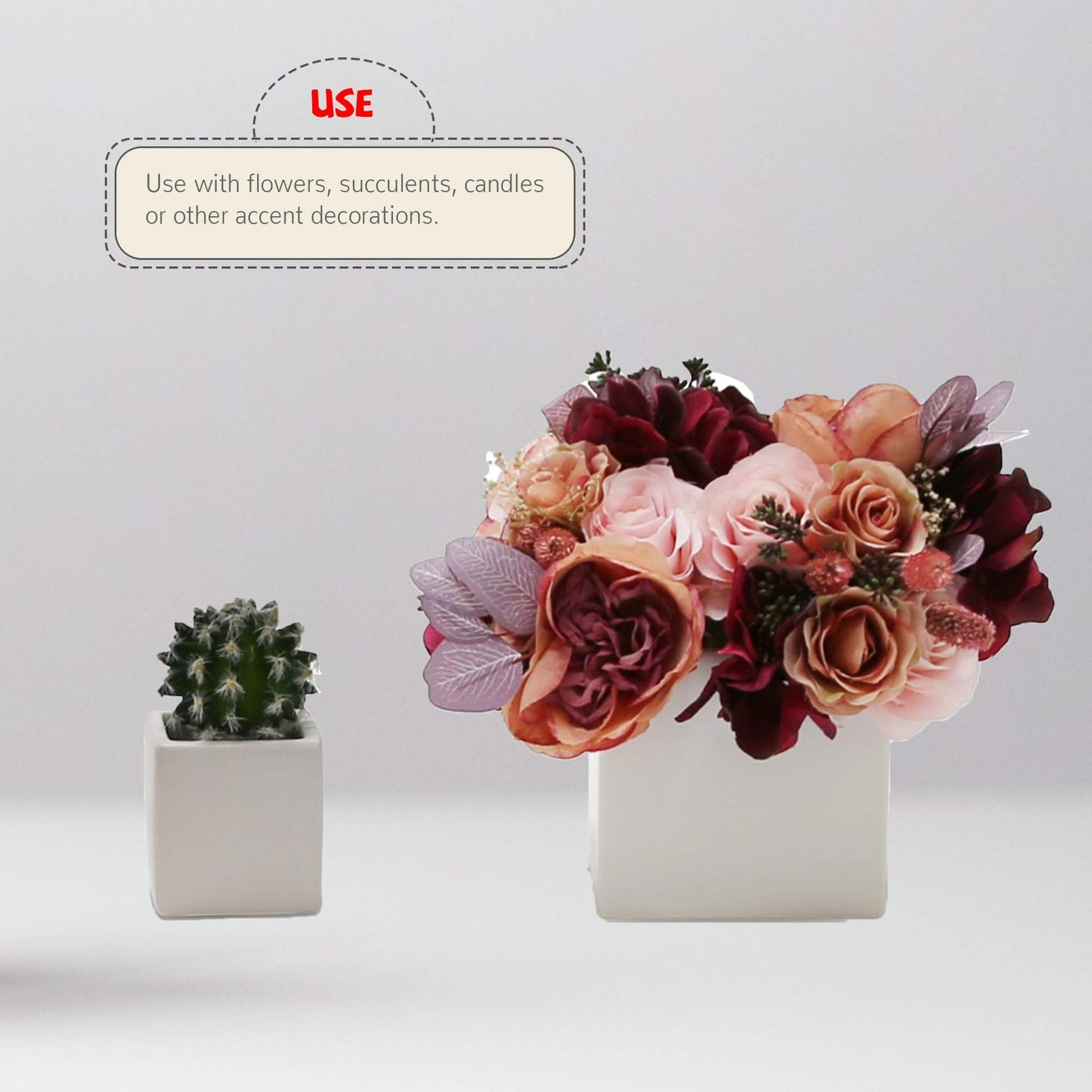 WGVI WGV Ceramic Cube Vase Width 4" Height 4" (Fits 3" Pot) Elegant Modern Block Square Floral Planter Terrarium Container Table Dresser for Event Accent Home Office Decor White 1 Piece (Pack of 4)