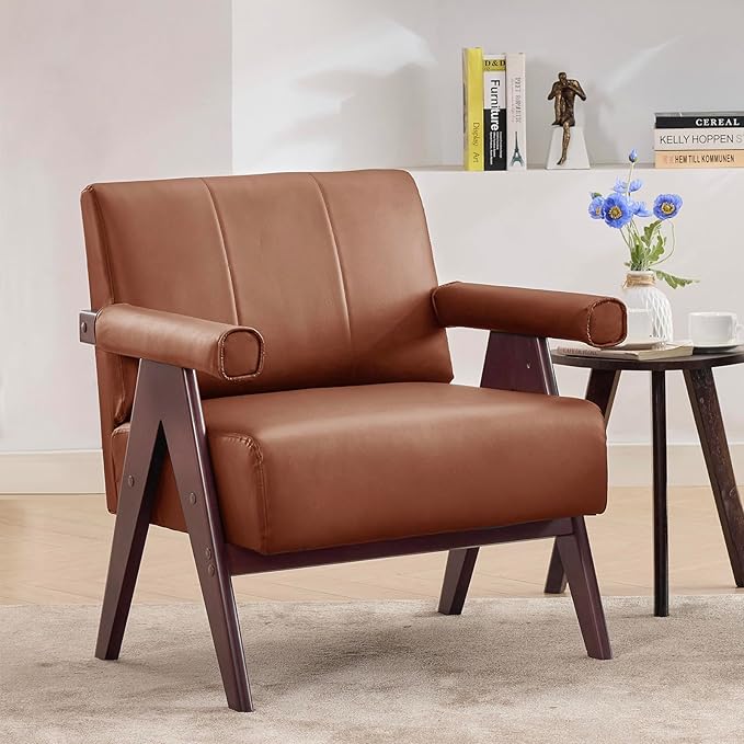 STHOUYN Brown Leather Accent Chairs, Mid Century Modern Chair, Side Arm Chairs