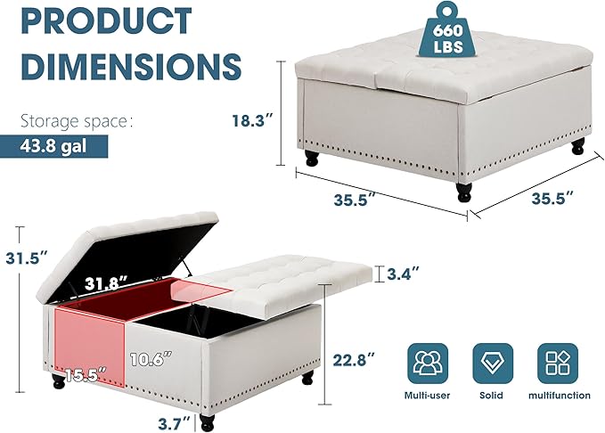36" Large Square Ottoman with Storage, Tufted Upholstered Storage Ottoman with