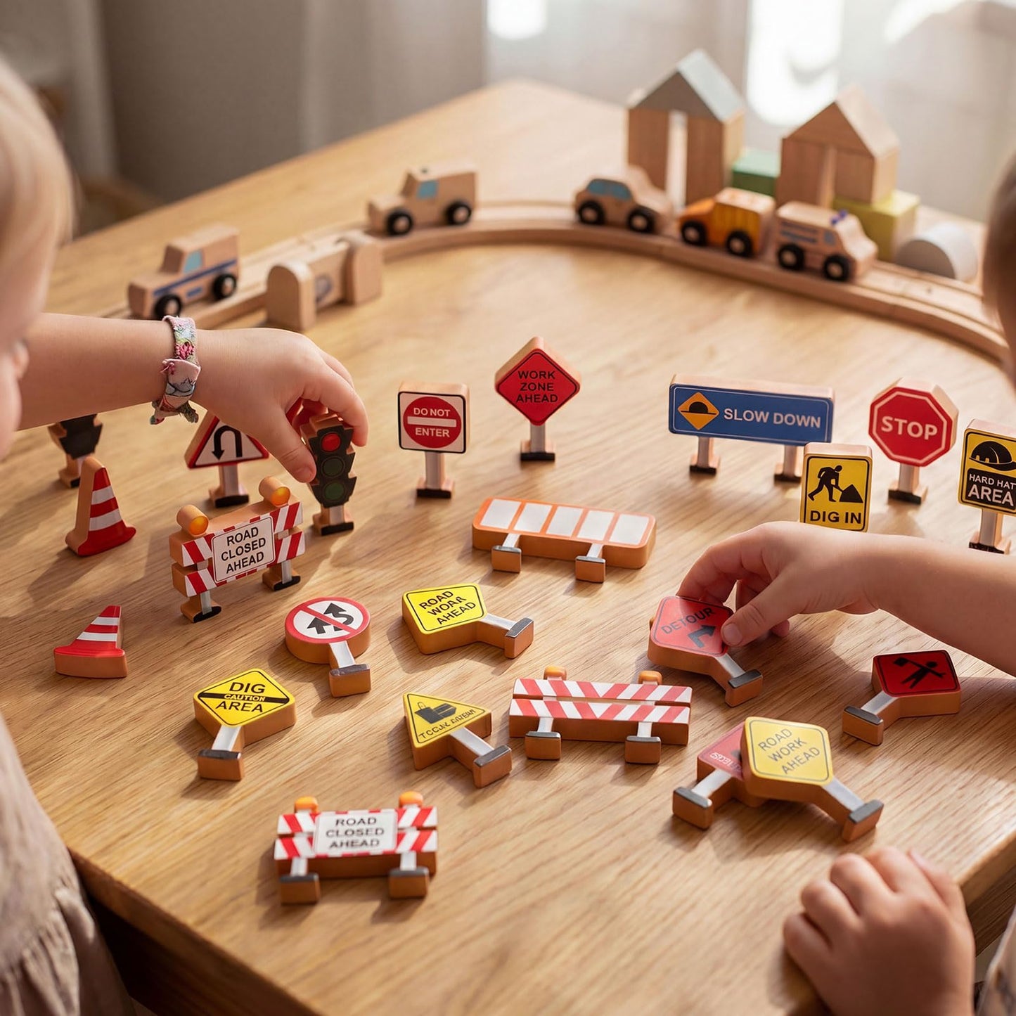 Blosssound Wooden Toys Set for Preschool Classroom - Multicultural Career People Blocks Educational Wooden Play for Kids Learning Toys Play Games Activity Supplies(26 Pcs,Construction Signals)
