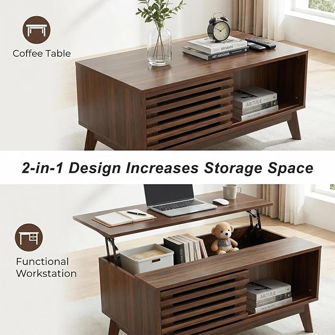 Lift Top Coffee Table with Storage 35 in, Mid Century Modern Living Room Table