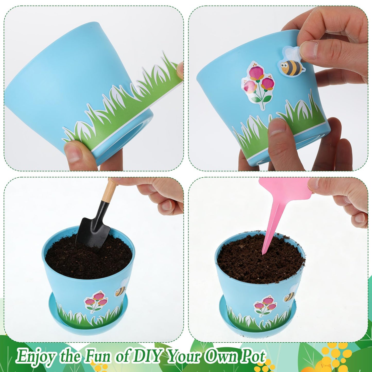 Wenceda 30 Pack Garden Pot Craft Kit, DIY Spring Pot Plastic Planter with Tray, Include Plant Tag/Certificate of Award/Spring Sticker, Flower Plant Craft for Classroom Home Party DIY Flower Planting