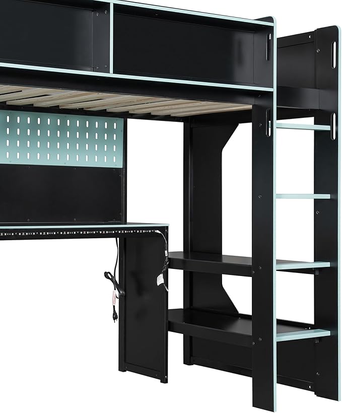 Modern Gaming Loft Bed with Built-in Desk, LED Lighting & Charging Hub –Twin