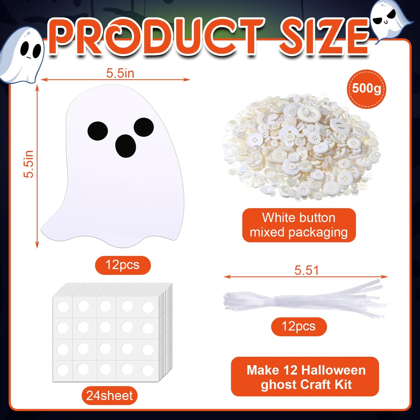CraftyDream 12 Set Halloween Ghost Craft Kit Buttons Boo Halloween Ornament Craft Hanging Decoration for Horror Theme Party Favor DIY Home Activities