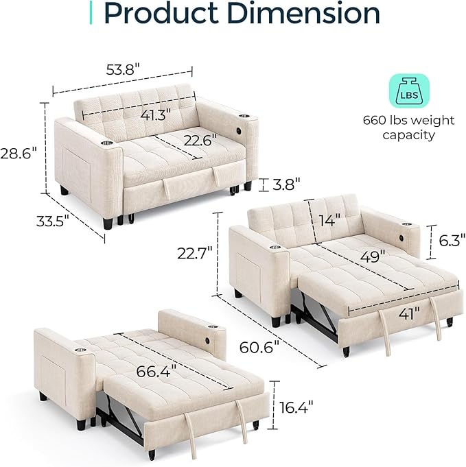 LINSY Sleeper Sofa Bed, Small 3 in 1 Convertible Loveseat Sleeper Couch
