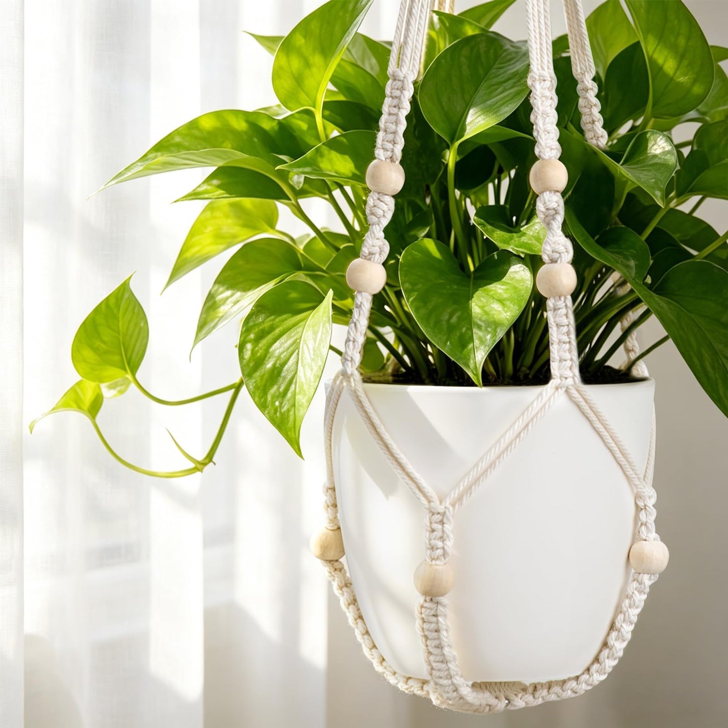 Mkono 2 Pack Macrame Plant Hanger Indoor Hanging Planter Basket with Wood Beads Decorative Flower Pot Holder No Tassels for Indoor Outdoor Boho Home Decor 29 Inch (POTS NOT Included)