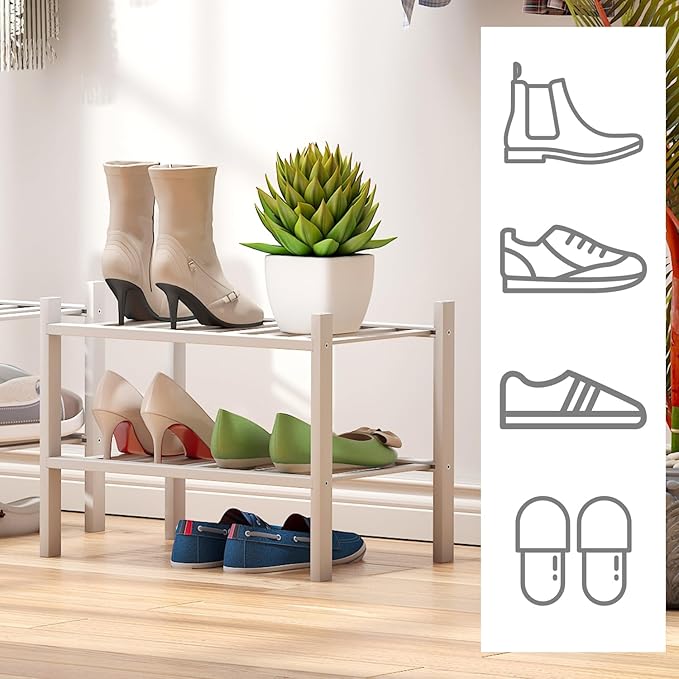 viewcare White Small Shoe Rack for Entryway, 2-Tier Bamboo Shoe Organizer for