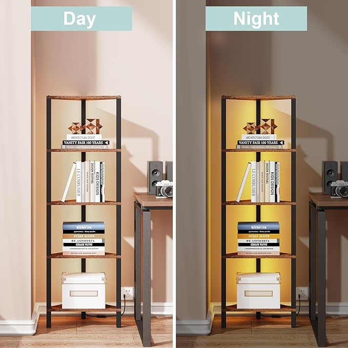 TUTOTAK Corner Shelf with LED Light, 5-Tier Corner Bookshelf