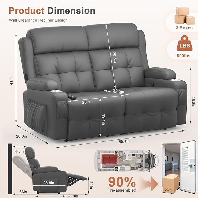 RV Loveseat Recliner Sofa, Massage Wall Hugger Recliners Couch