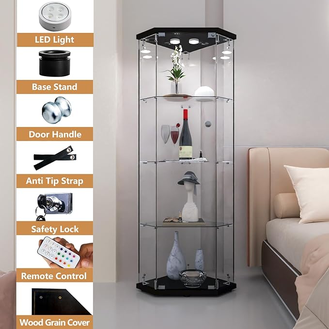 LFT HUIMEI2Y Glass Display Corner Cabinet 4-Shelf, Curio Cabinets Fast