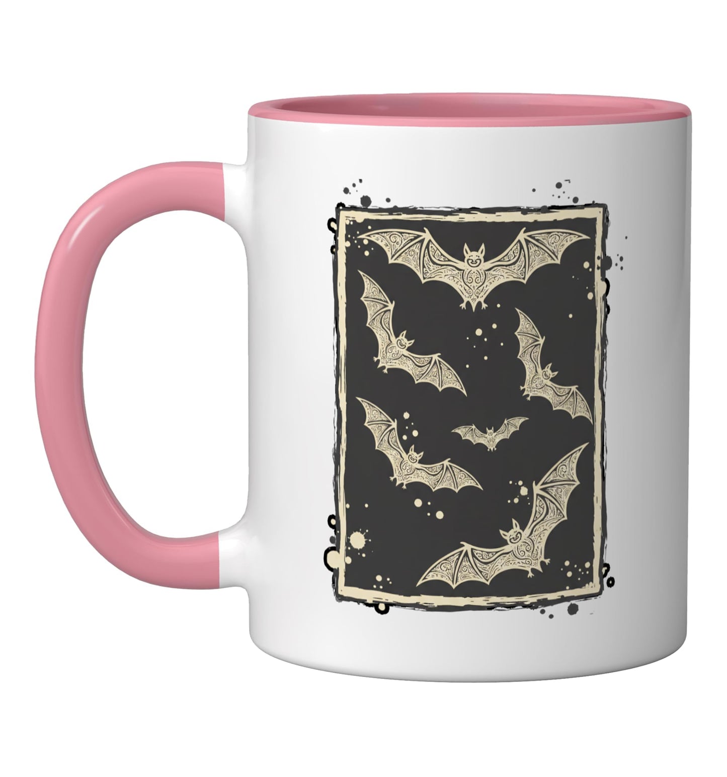 Halloween Ornate Bats Vintage Gothic Bat Illustration Ceramic Mug, Pink/White