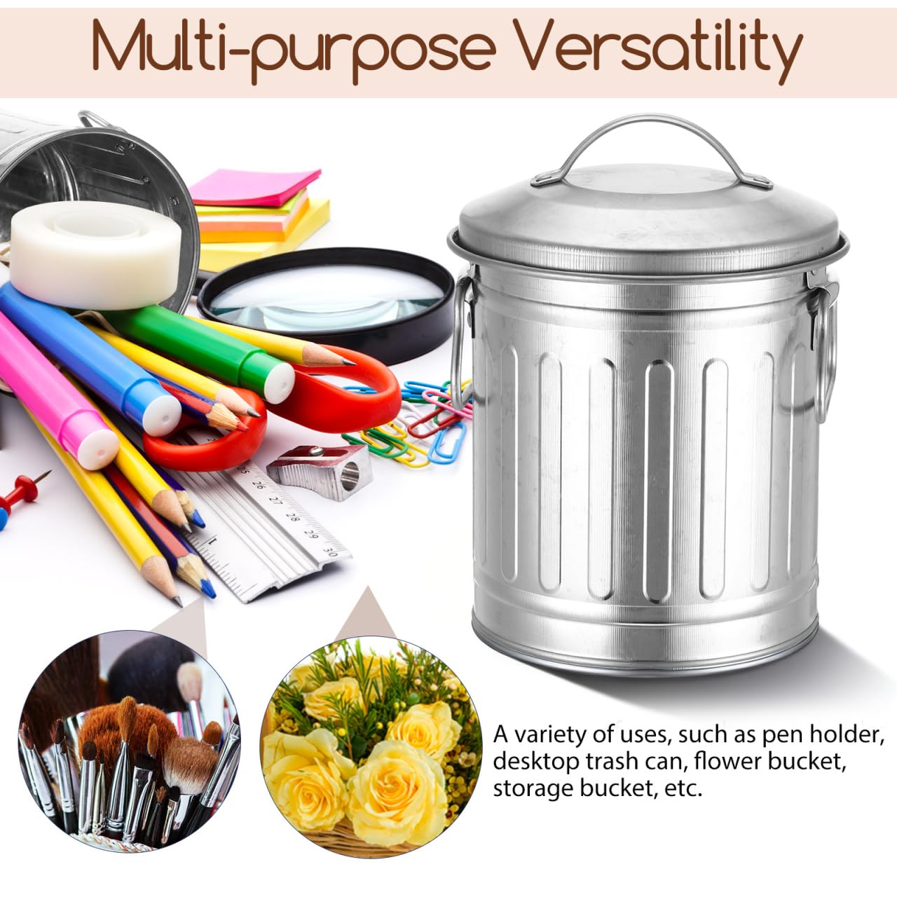 VILLCASE Mini Metal Bucket with Lid, 7.5" x 5" Small Garbage Can Trash Bin with Lid, Desktop Metal Rubbish Bin, Table Top Home Wastebasket for Countertop Office Silver Iron