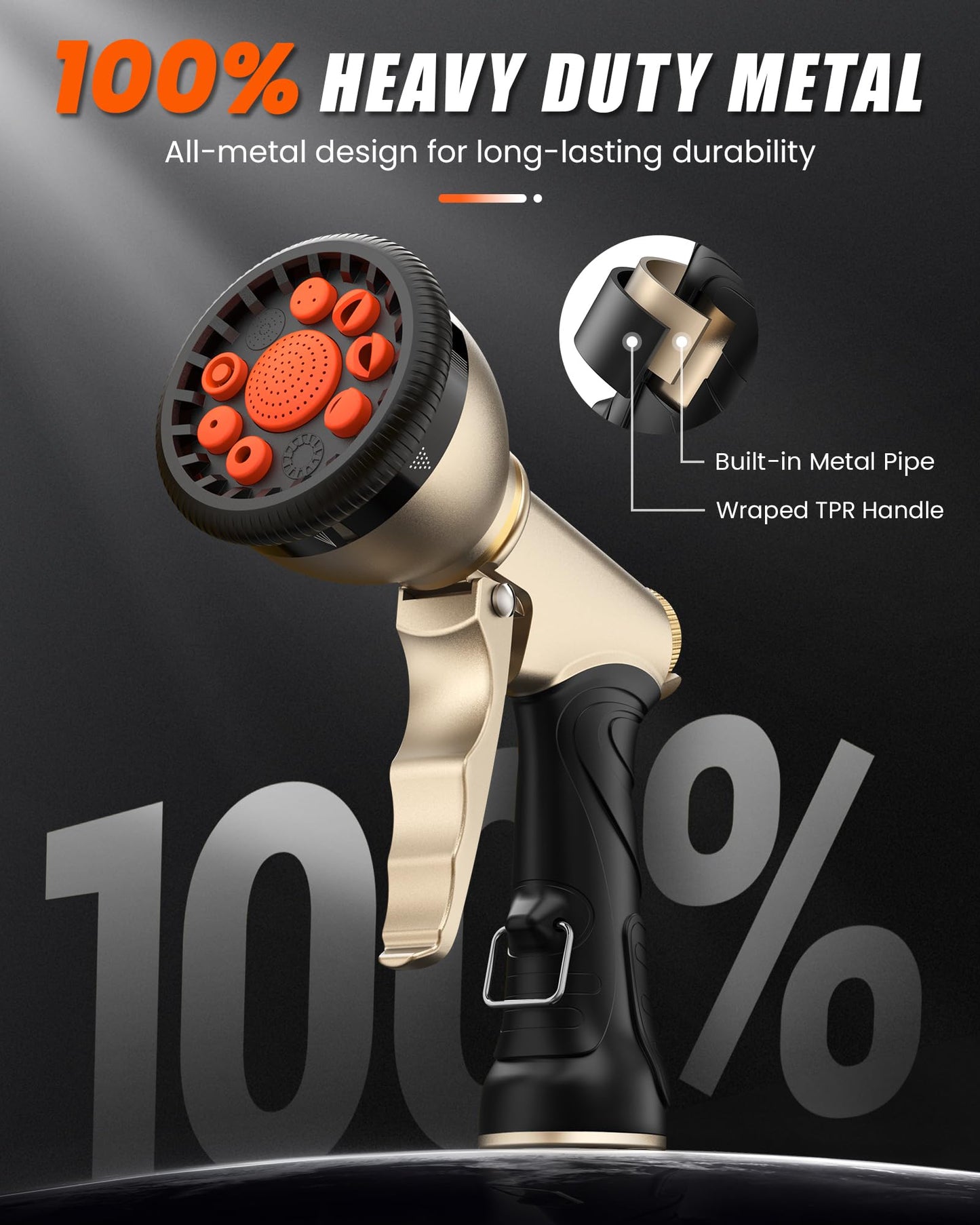 RAINPOINT Garden Hose Nozzle, 9 Spray Patterns Hose Sprayer Nozzle, Heavy Duty Metal Water Hose Nozzle, Adjustable Hand Sprayer, Watering Plants and Lawn, Pet Showering, Orange