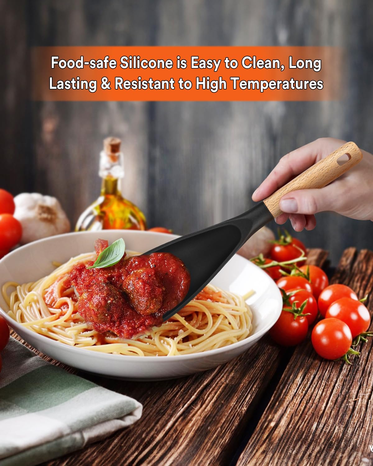 Cooking Spoon for Nonstick Cookwares, Great for Cooking and Serving Sturdy BPA-Free Matte Silicone, Wood Handle Spoon for Mixing, Scoop, and Scrape (Black)